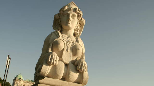 Sphinx in the castle park Belvedere Vienna – tracking shot