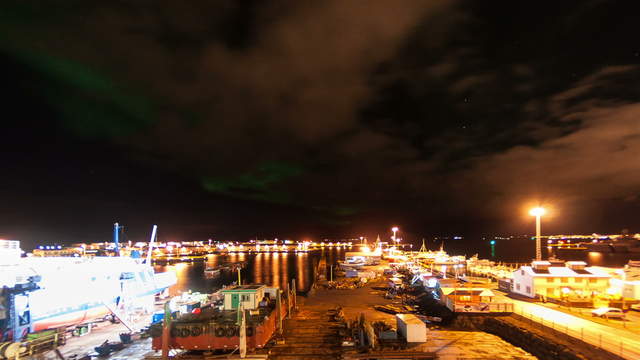 Aurora Borealis at the harbour of Reykjavík, Iceland