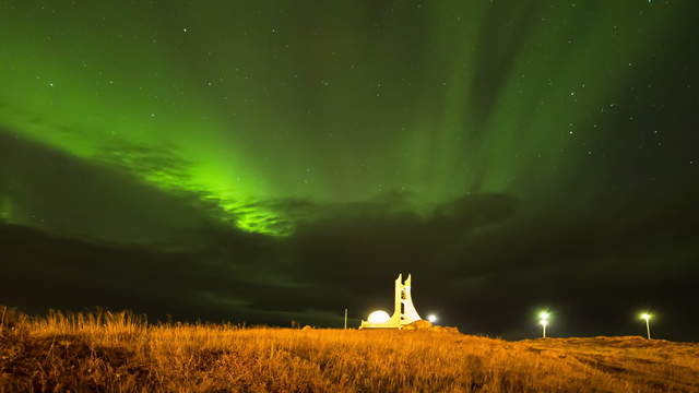 Stykkishólmskirkja with Northern Lights