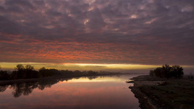 Sunrise in the fog over the Elbe